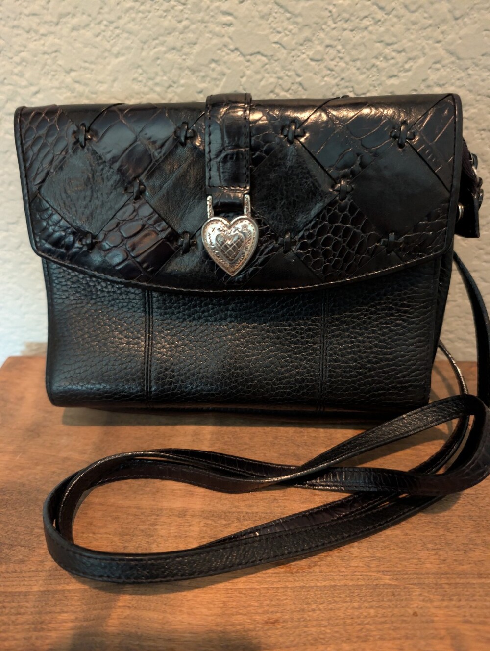 Brighton- Black Leather Crossbody Bag with Heart Lock
